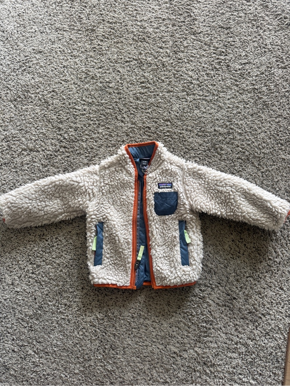 Patagonia Kids Cream Sherpa Jacket with Navy and Orange Trim